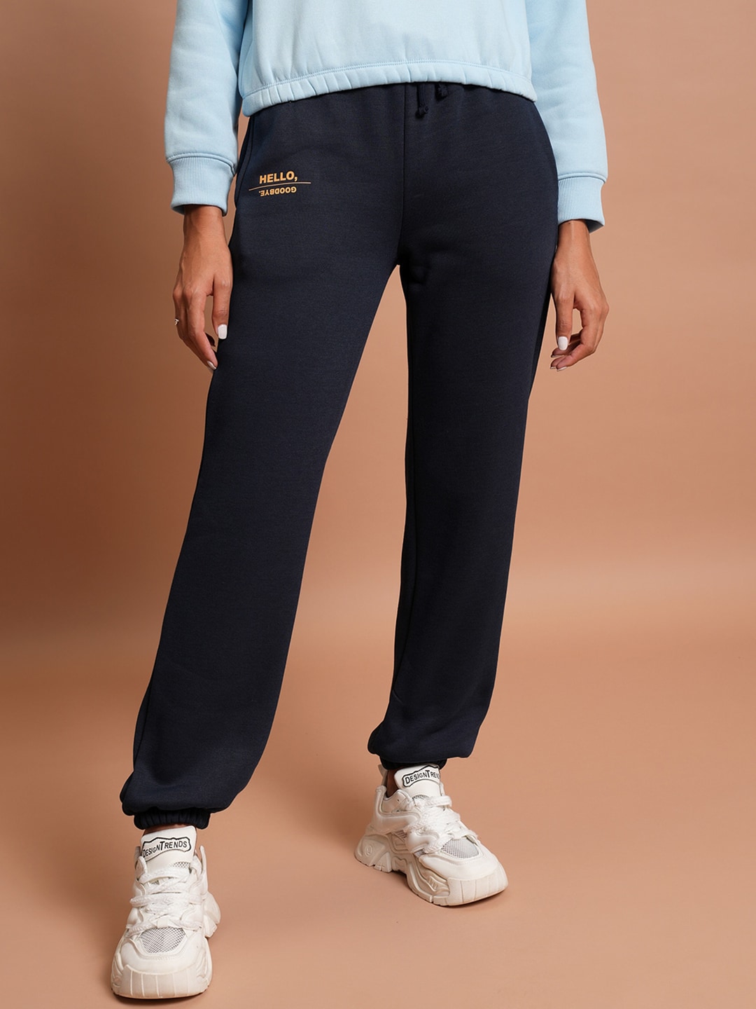 Tokyo Talkies Women Navy Blue Mid-Rise Plain Joggers Price in India