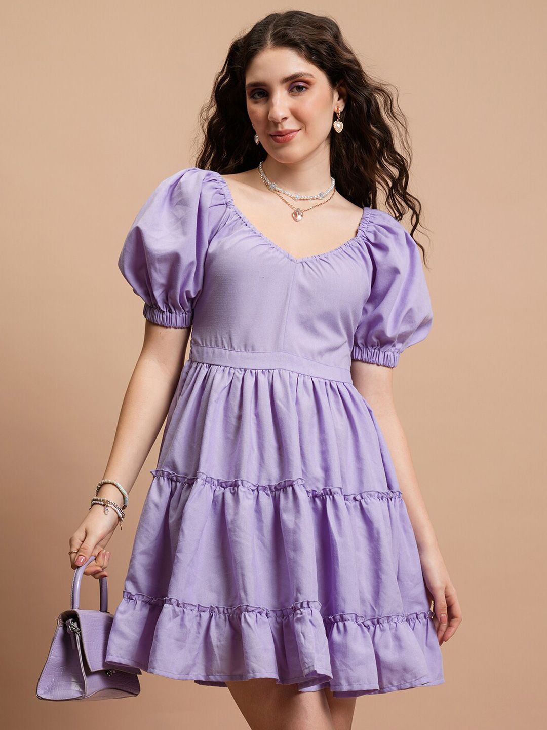 Tokyo Talkies Purple V-Neck Puff Sleeves Fit & Flare Mini Dress