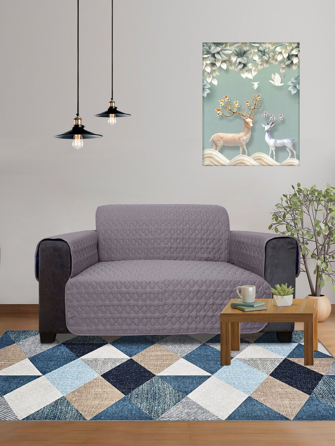 DREAM CARE 3 Layer Quilted Reversible Polyester 3PC Straight 2 Seater Sofa Cover-67x98In