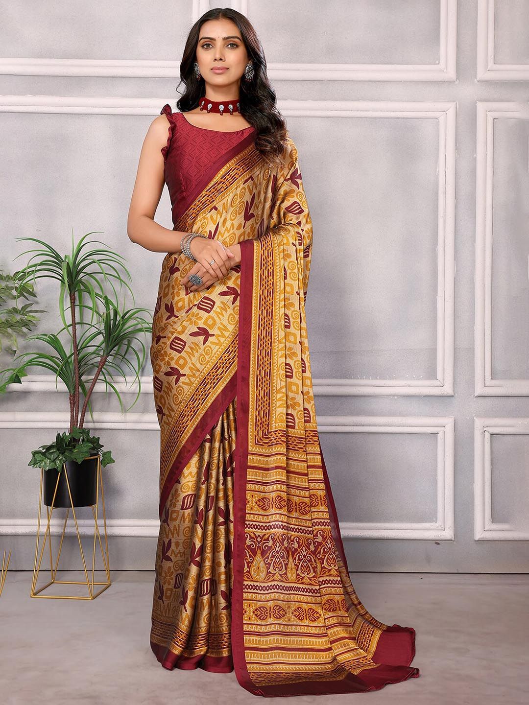 HERE&NOW Mustard Floral Pure Chiffon Designer Saree
