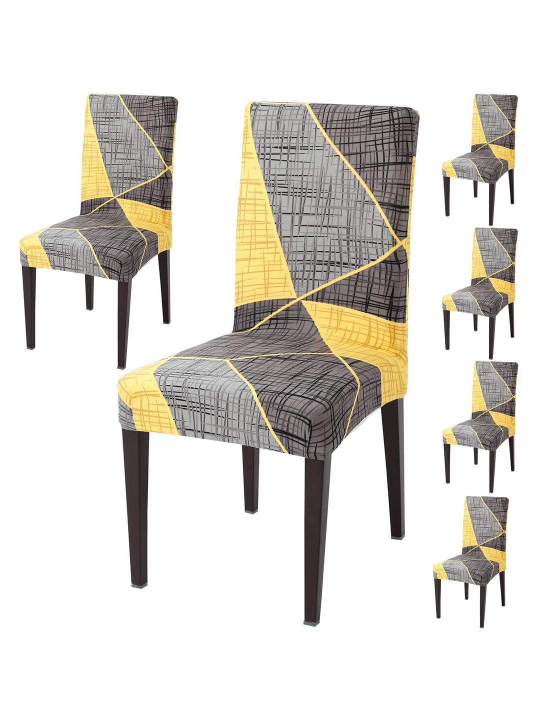 HOKIPO Yellow & Grey 6 Pieces Printed Stretchable Chair Covers