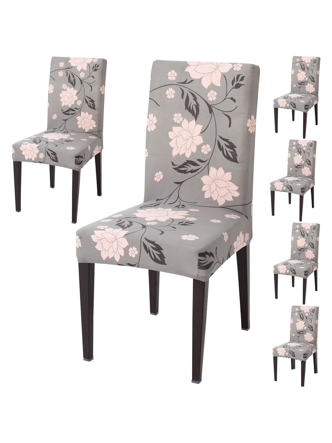 HOKIPO Grey & Yellow 6 Pieces Floral Printed Stretchable Chair Covers
