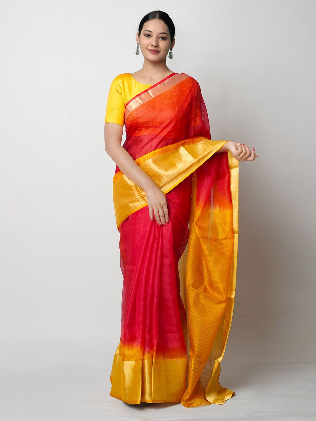 Unnati Silks Red & Yellow Woven Design Pure Silk Handloom Kota Saree