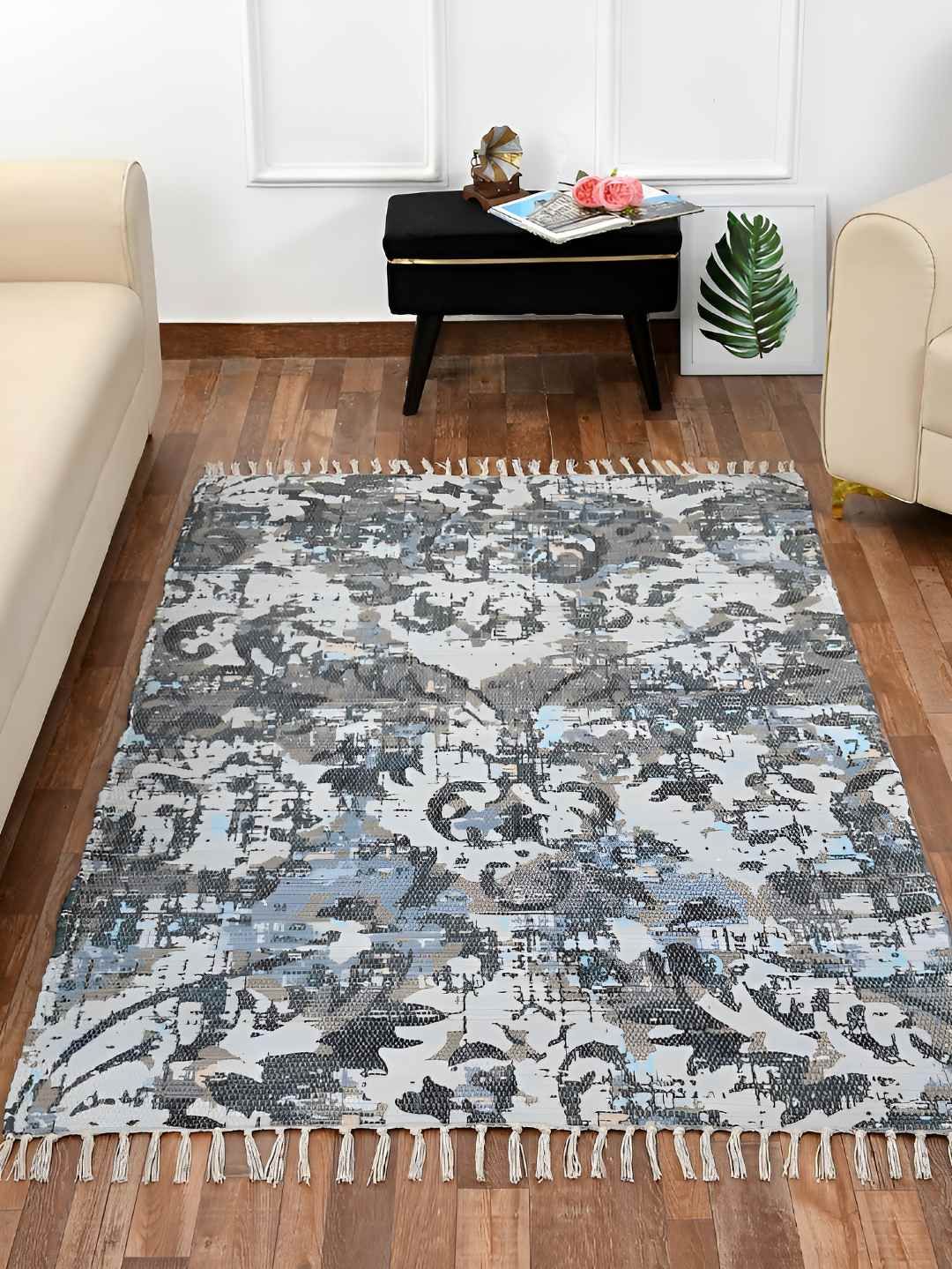HOMADORN Grey &Blue Rectangular Ethnic Motifs Floor Dhurries
