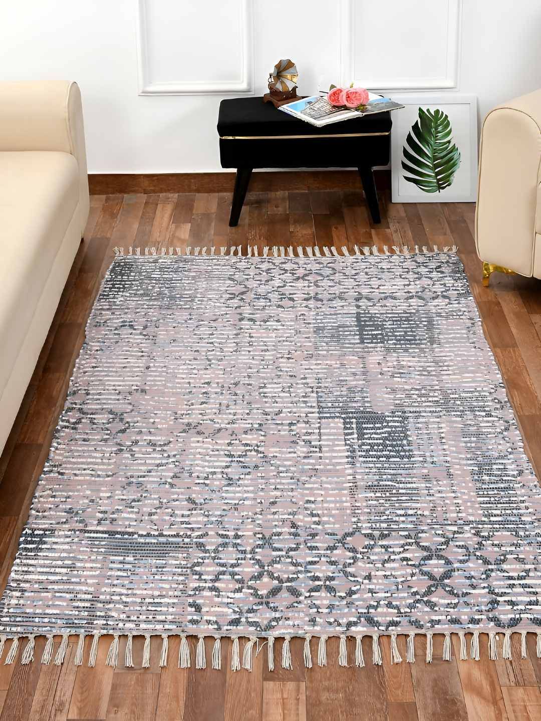 HOMADORN Grey& Blue Rectangular Ethnic Motifs Floor Dhurries