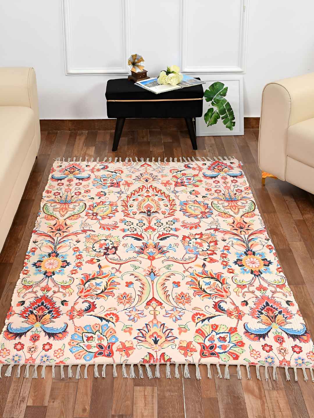 HOMADORN Cream Rectangular Printed Floor Dhurries