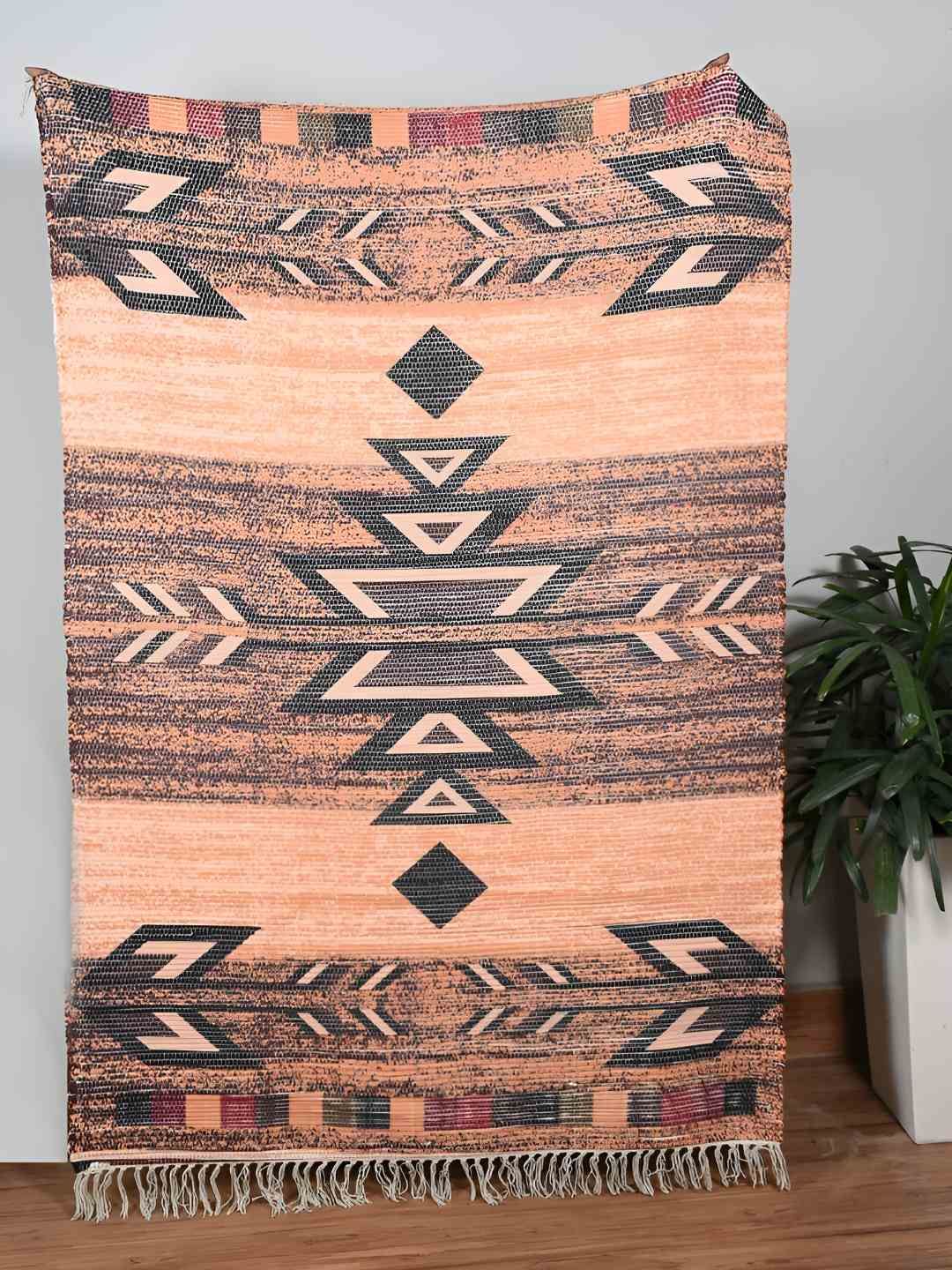 HOMADORN Beige & Black Ethnic Motifs Rectangular Printed Floor Dhurries