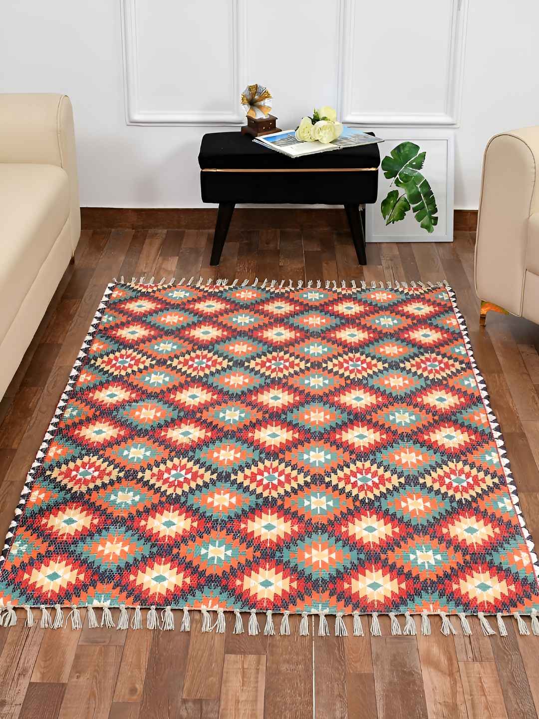 HOMADORN Beige & Red Ethnic Motifs Rectangular Printed Floor Dhurries