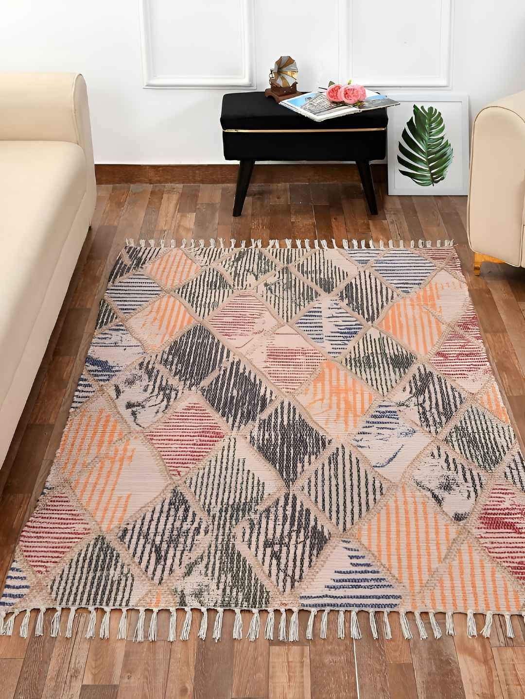 HOMADORN Beige & Black Rectangular Printed Floor Dhurries