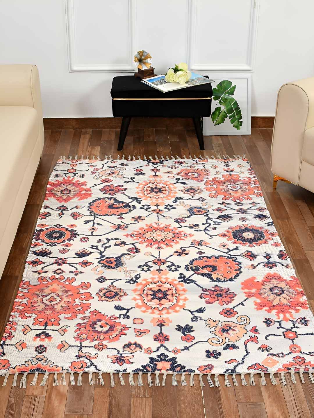 HOMADORN Orange White Floral No Shredding Handmade Rectangular Floor Dhurries