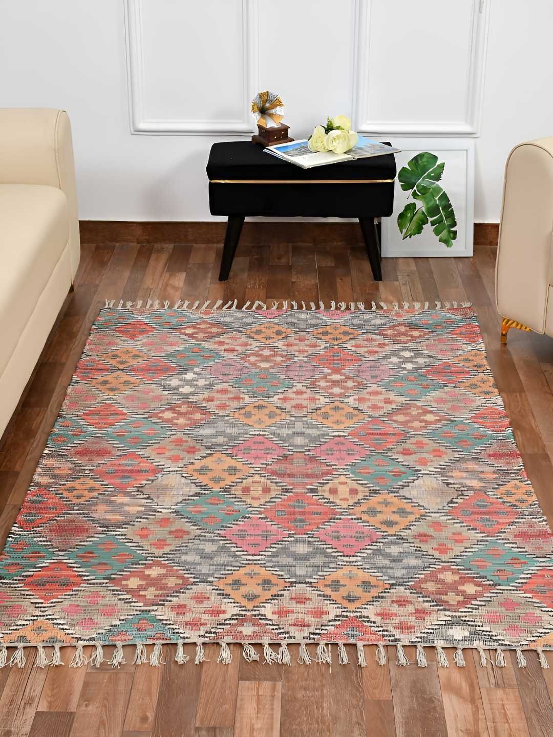 HOMADORN Orange Pink Geometric No Shredding Handmade Rectangular Floor Dhurries