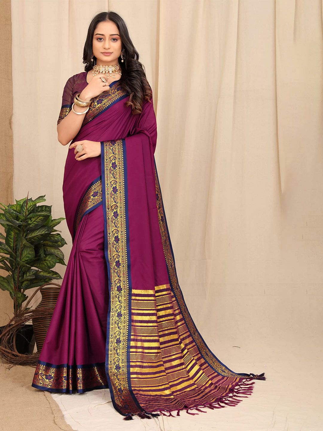 Ekta Textiles Purple Woven Design Zari Silk Cotton Banarasi Saree Price in India