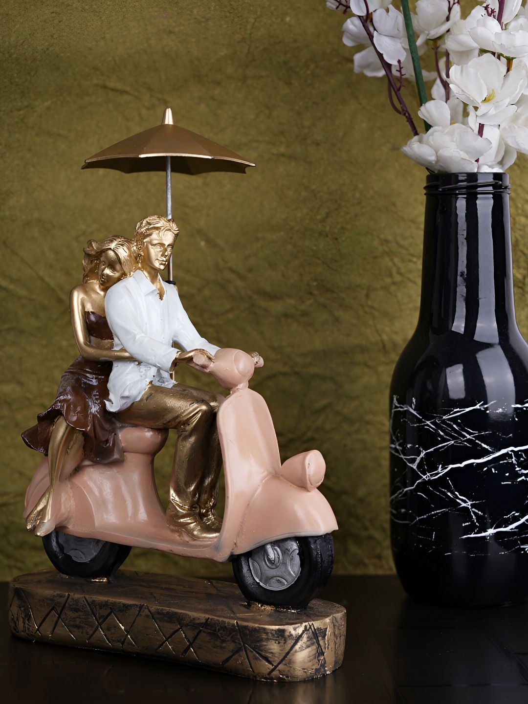 Vikarafty Gold Toned & White Love Couple On Scooter Fengshui Figurine Showpiece