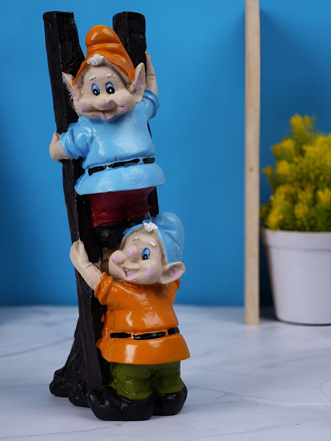Vikarafty Gnome Climbing Ladder Blue Polyresin Matte Living Room Small Showpiece - 10.6 Inches