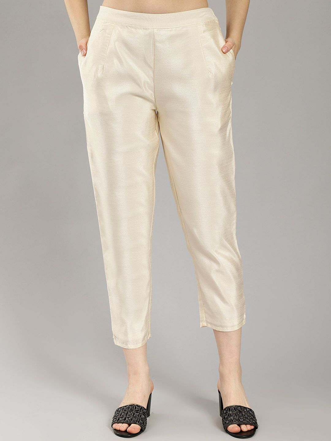 ENTELLUS Women Cream-Coloured Smart Tapered Fit High-Rise Trousers Price in India