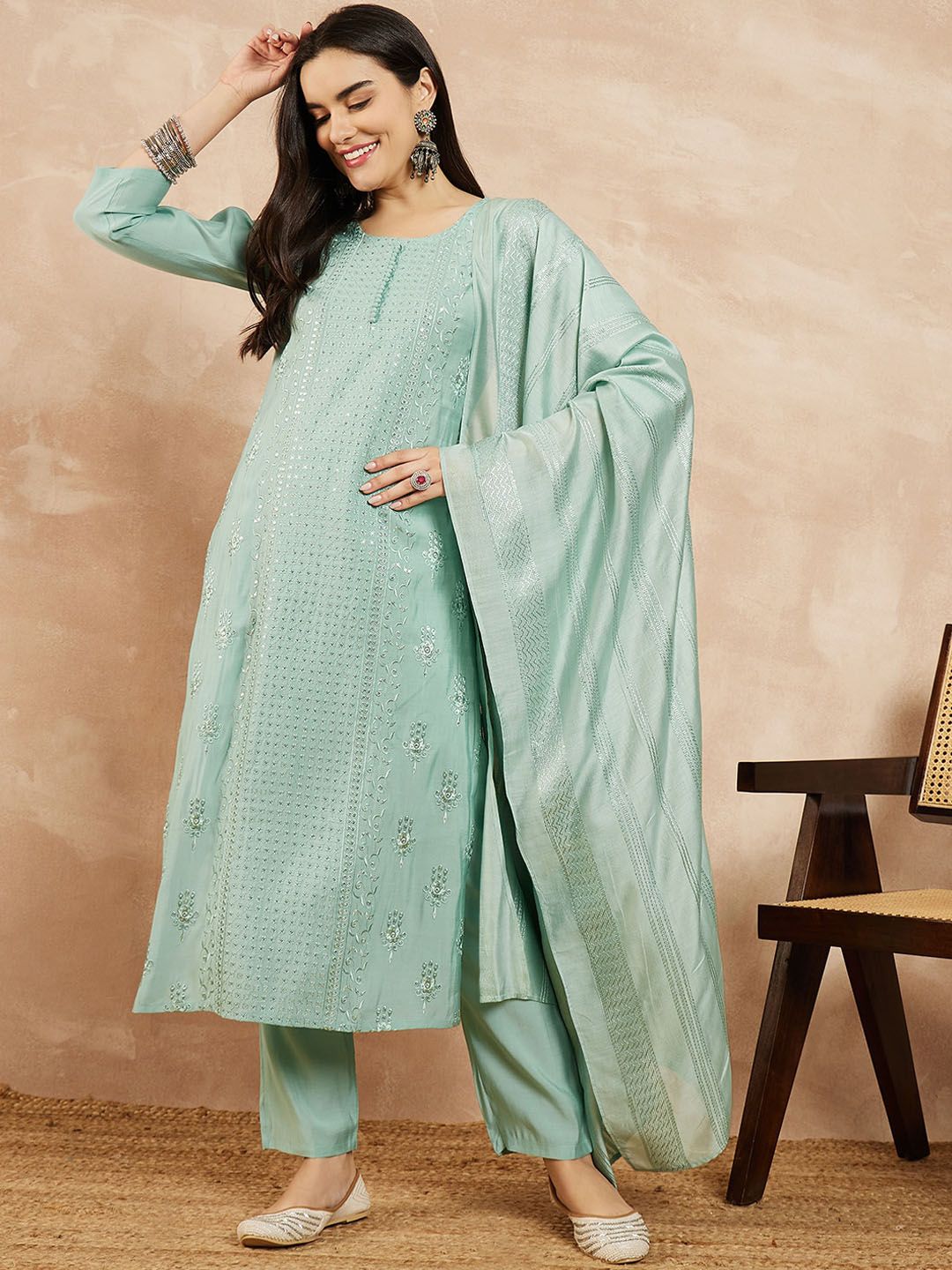 SERONA FABRICS Women Sea Green Floral Embroidered Regular Sequinned Pure Silk Kurta with Trousers & With Price in India