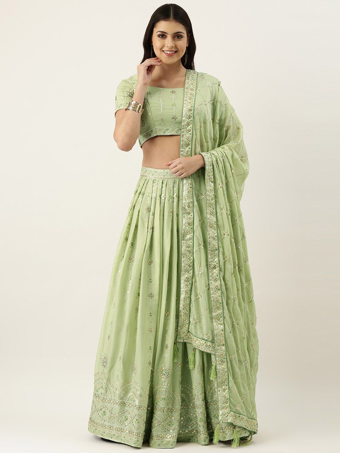 VAANI CREATION Fluorescent Green & Embroidered Sequinned Semi-Stitched Lehenga & Unstitched Blouse With Price in India