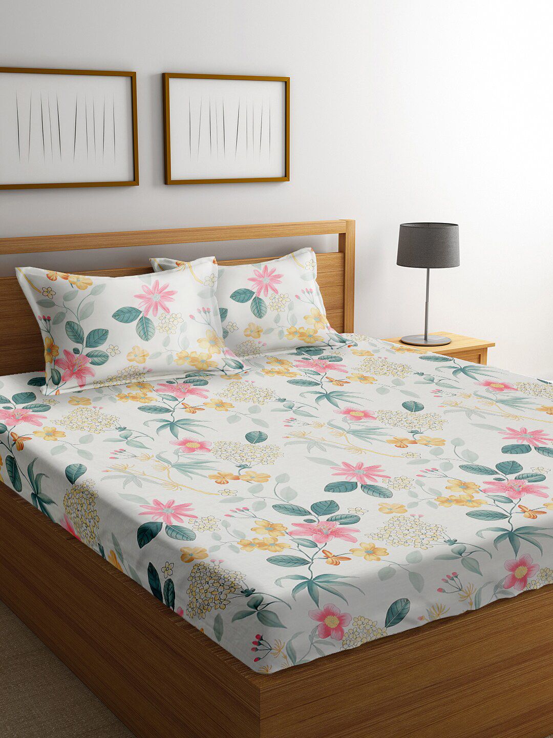 RAGO RAGO Premium White Floral Cotton 210 TC Queen Fine Bedsheet with 2 Pillow Covers-91 x 100 inches