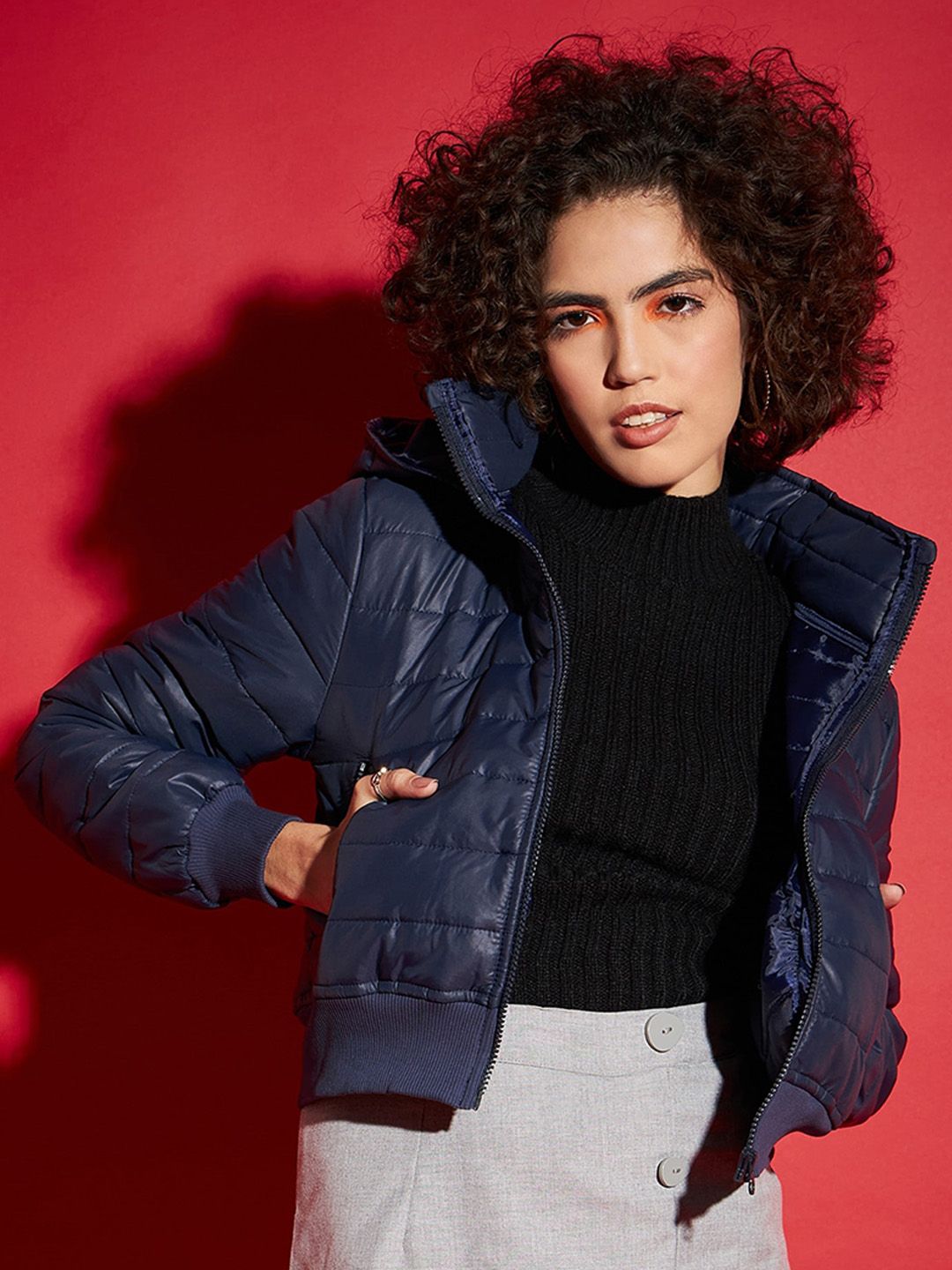 SASSAFRAS Navy Blue Hooded Cropped Puffer Jacket