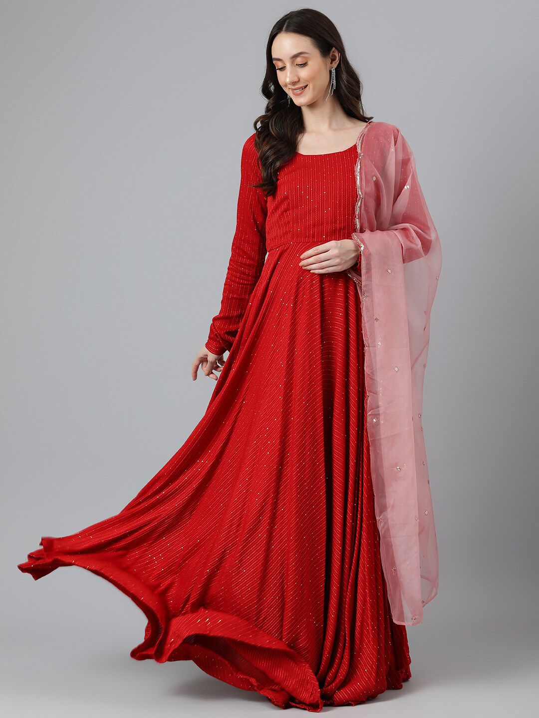 Vinya Striped Fit & Flare Dress With Dupatta Price in India