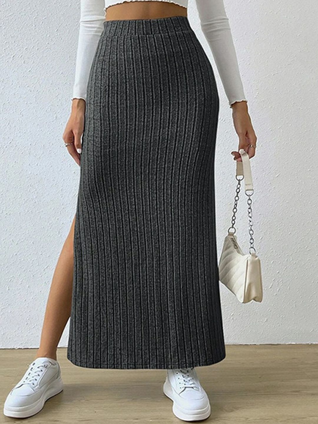 StyleCast Grey Striped Maxi Pencil Skirts Price in India