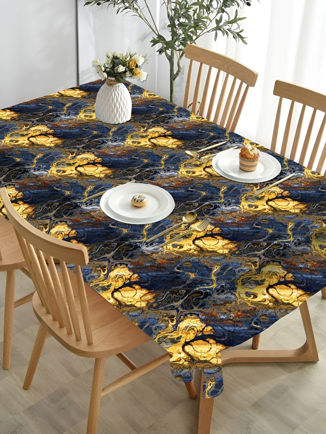 HOMADORN Navy Blue & Beige Abstract 4-Seater Table Cover
