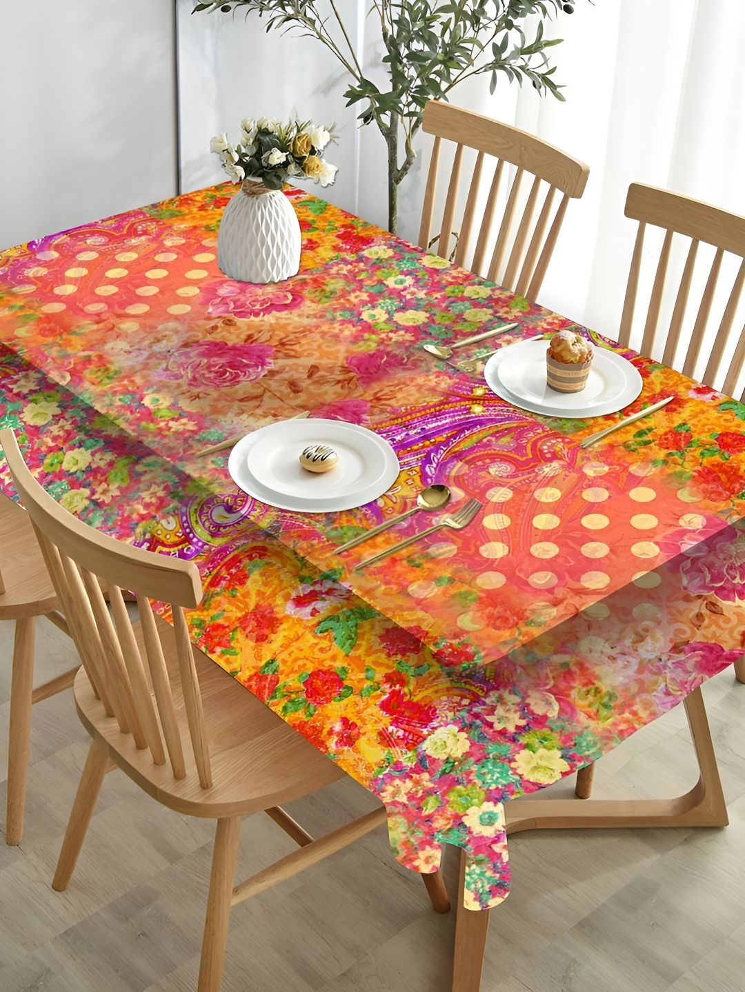 HOMADORN Orange & Red Floral 4 Seater Table Cover
