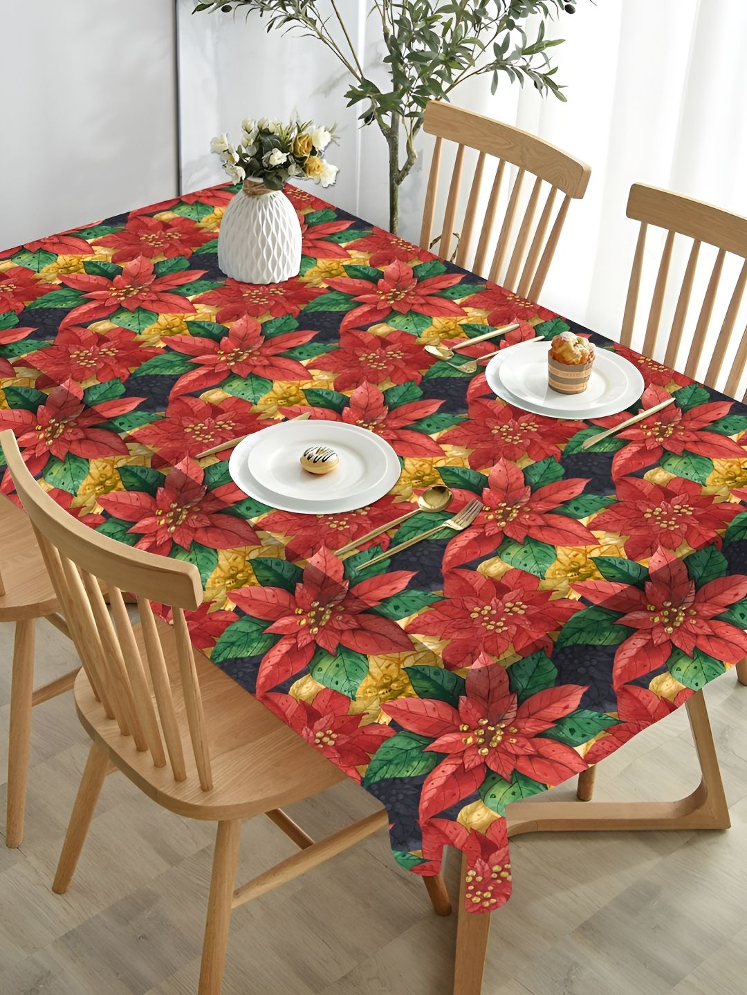 HOMADORN Brown & Green Floral Printed 6 Seater Table Cover