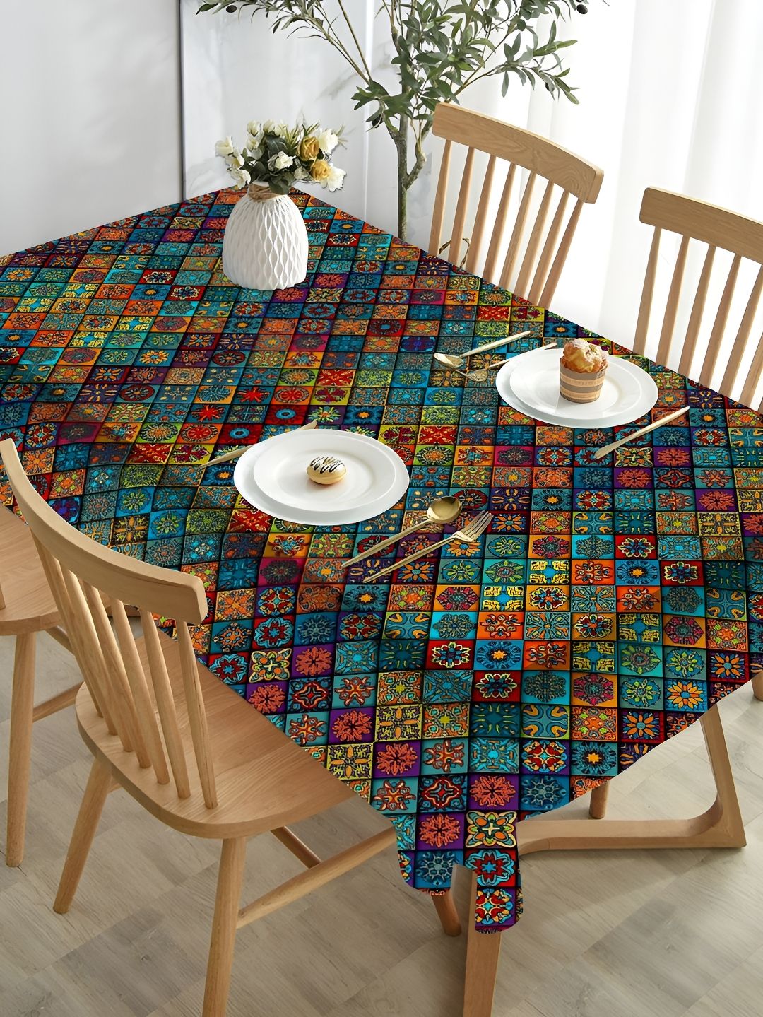 HOMADORN Blue & Red Ethnic Motifs 4 Seater Table Cover