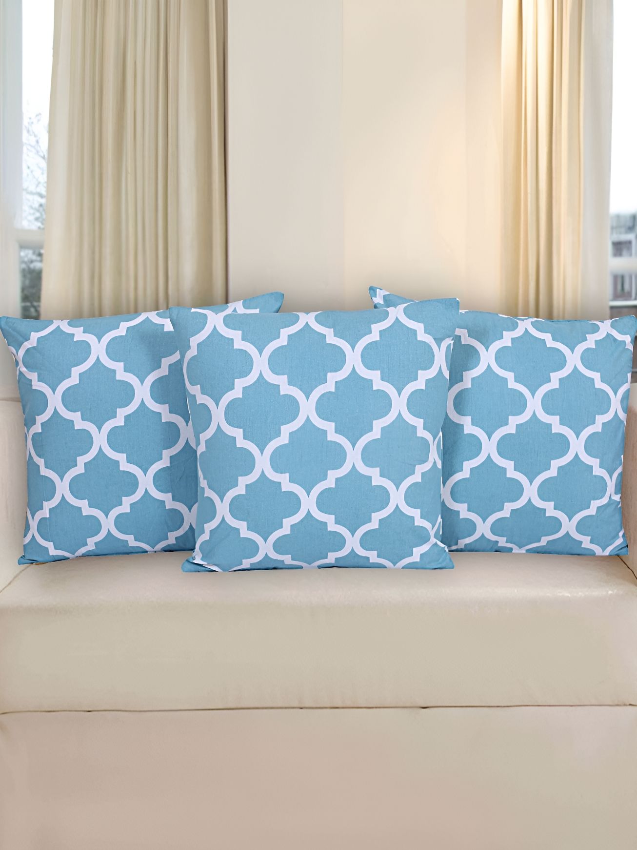 Texstylers Blue & white 3 Pieces Cotton Ethnic Motif Square Reversible Cushion Covers