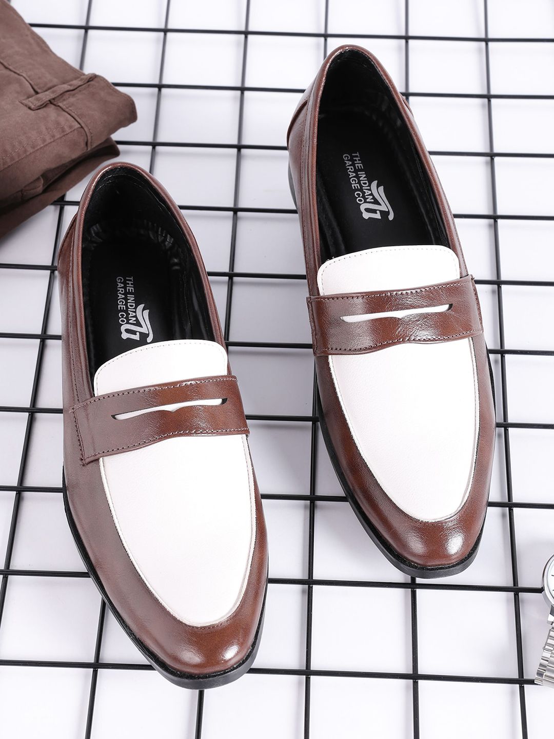 The Indian Garage Co Men Brown & White Colourblocked Penny Loafers