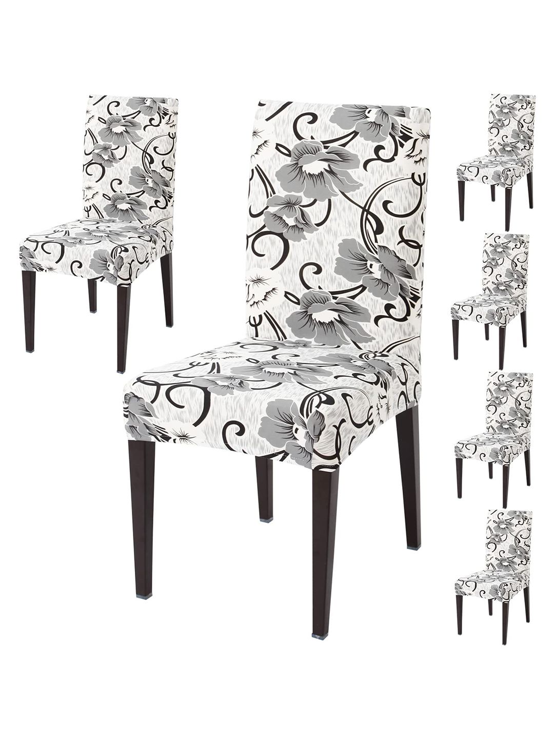 HOKIPO White & Black 6 Pieces Printed Stretchable Chair Covers