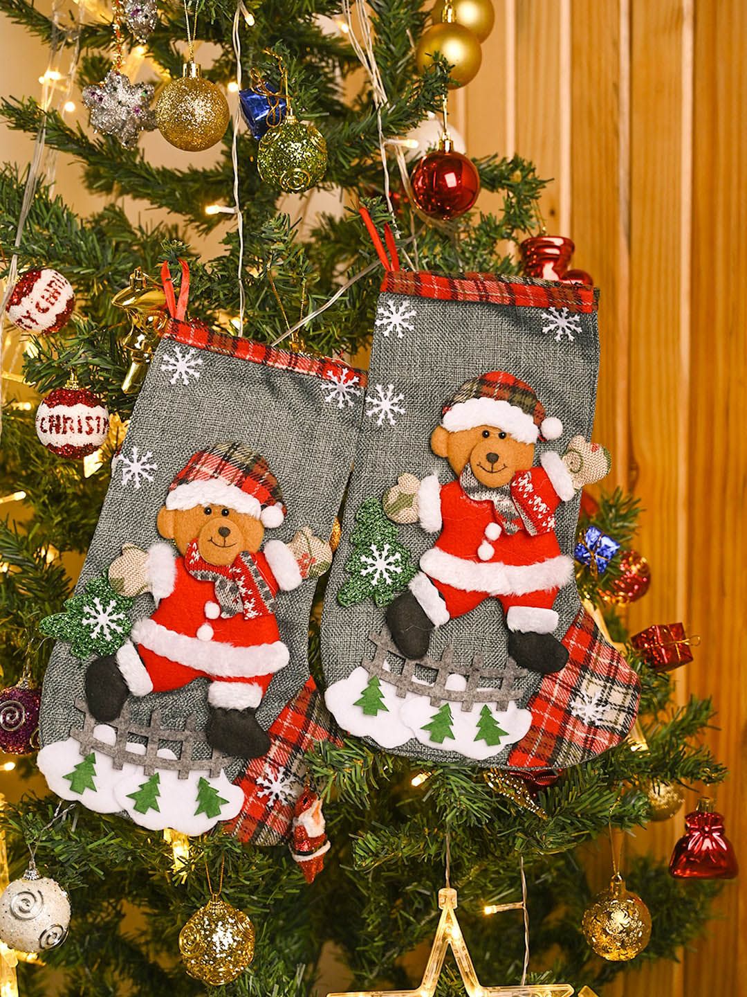 MARKET99 Grey & Red 2 Pieces Christmas Stockings Festive Christmas Decor