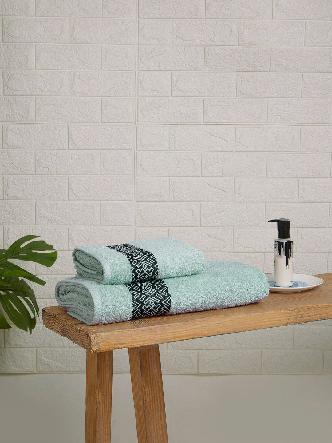 SPACES Aurum Blue 2 Pieces Geometric  Self Design Pure Cotton 500 GSM Towel Set