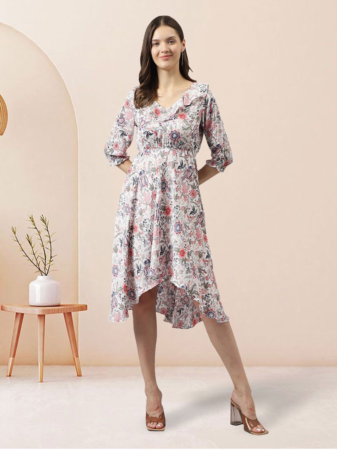BAESD White Floral Print Puff Sleeve Fit & Flare Midi Dress Price in India