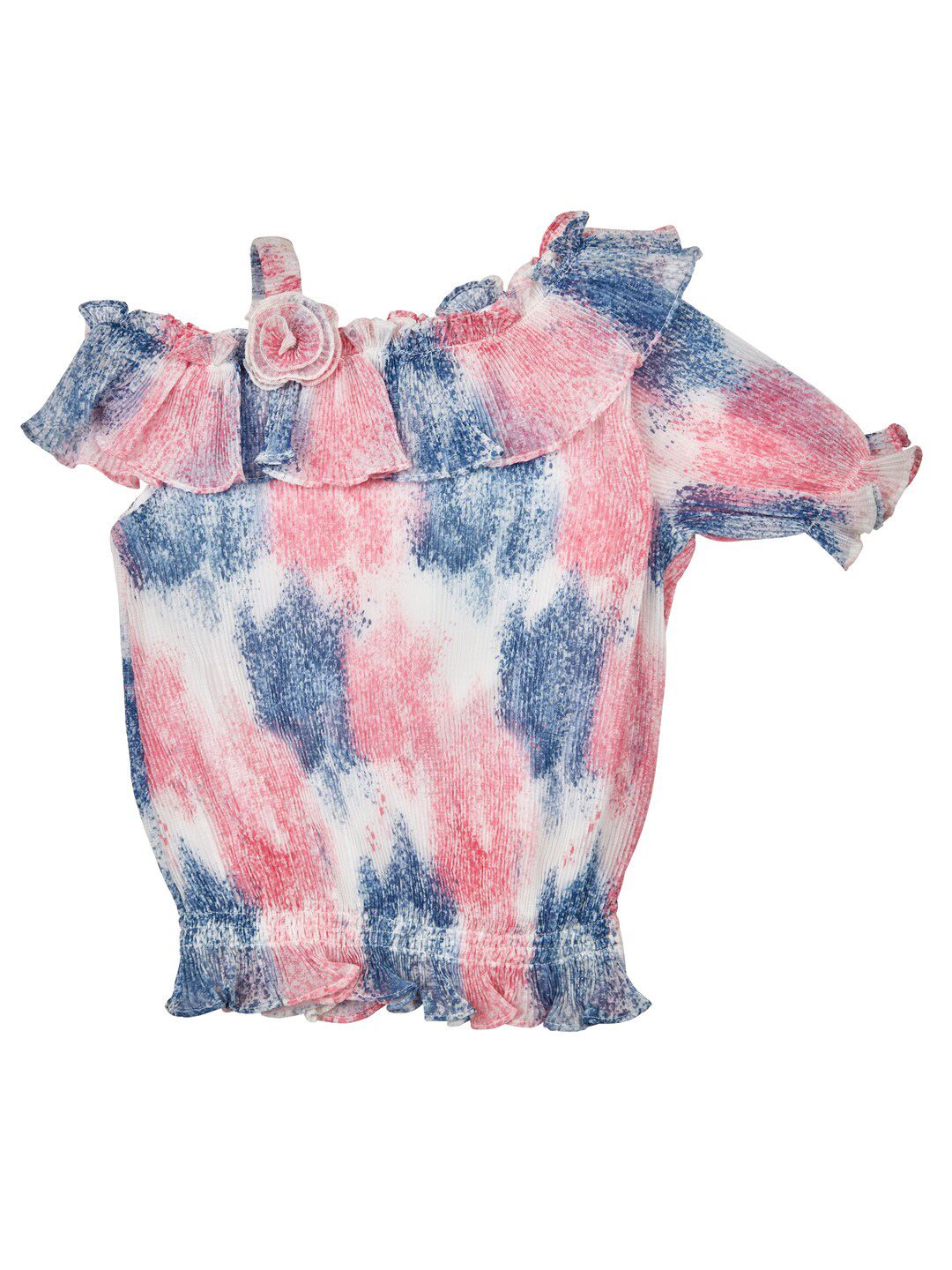 Peppermint Girls Abstract Printed Shoulder Straps Ruffles Smocked Blouson Top Price in India