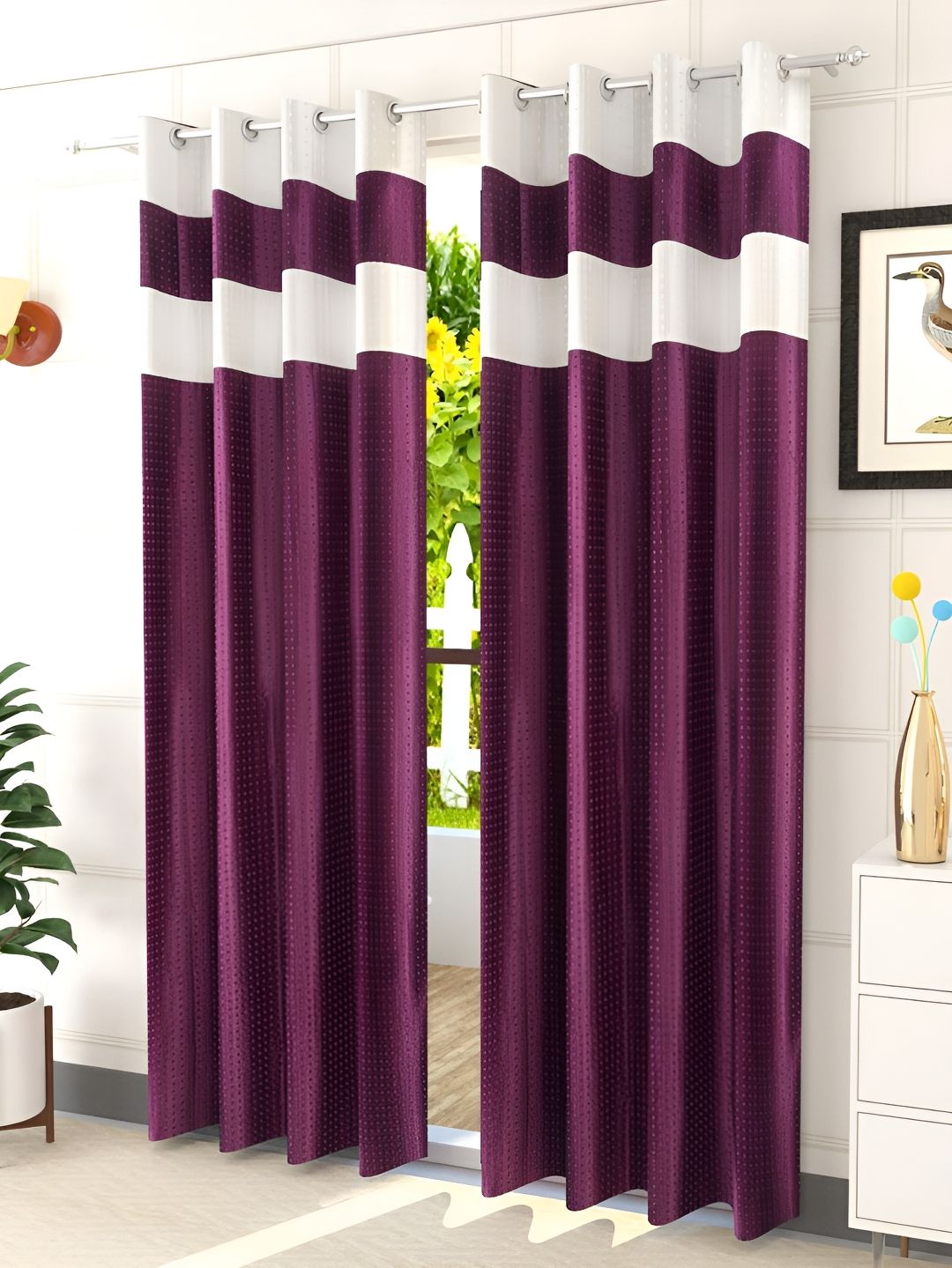 Kraftiq Homes Purple 2 Pieces Colour Blocked Room Darkening Window Curtains