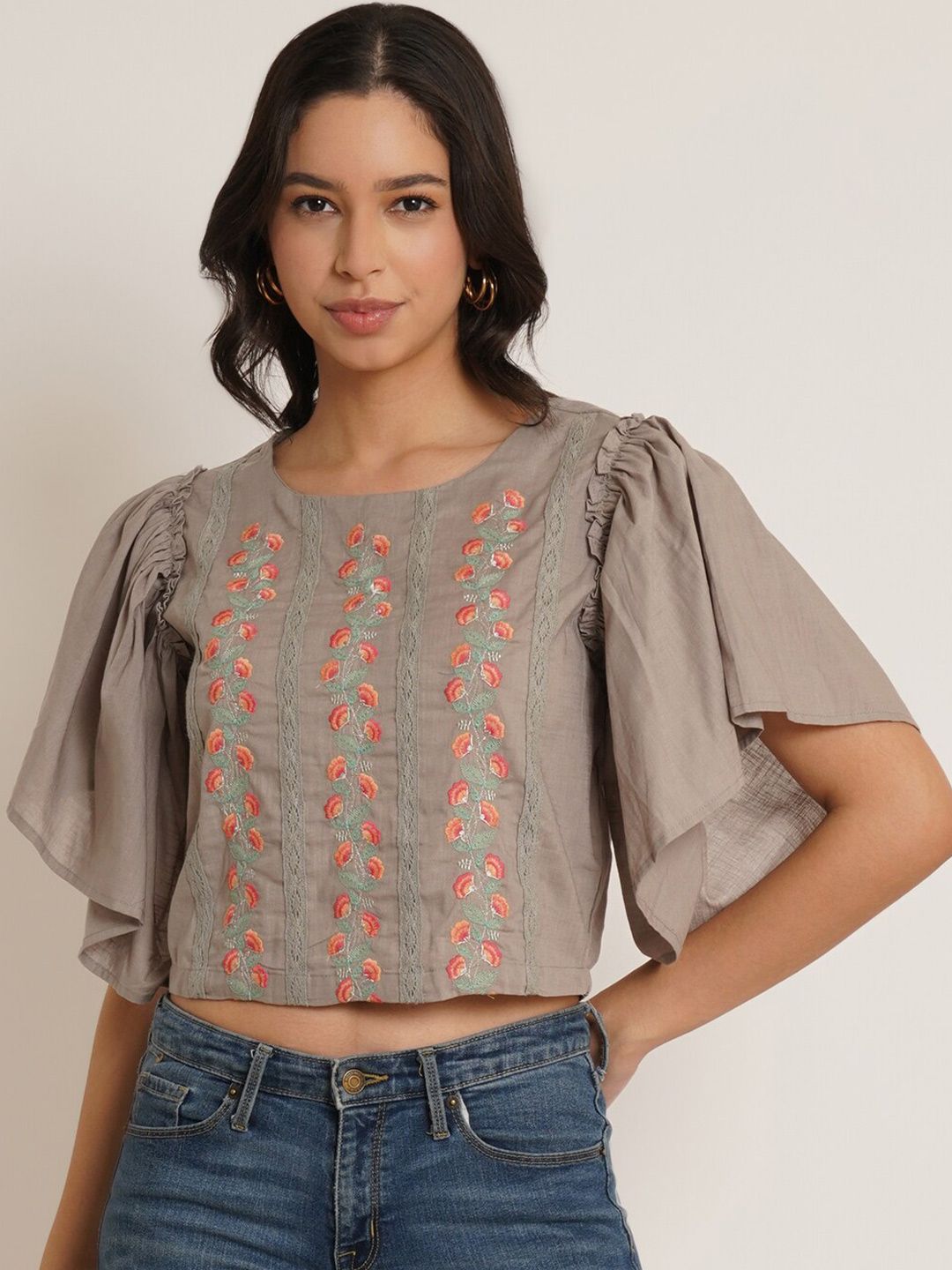 IX IMPRESSION Grey Floral Embroidered Flared Sleeve Cotton Tank Crop Top Price in India