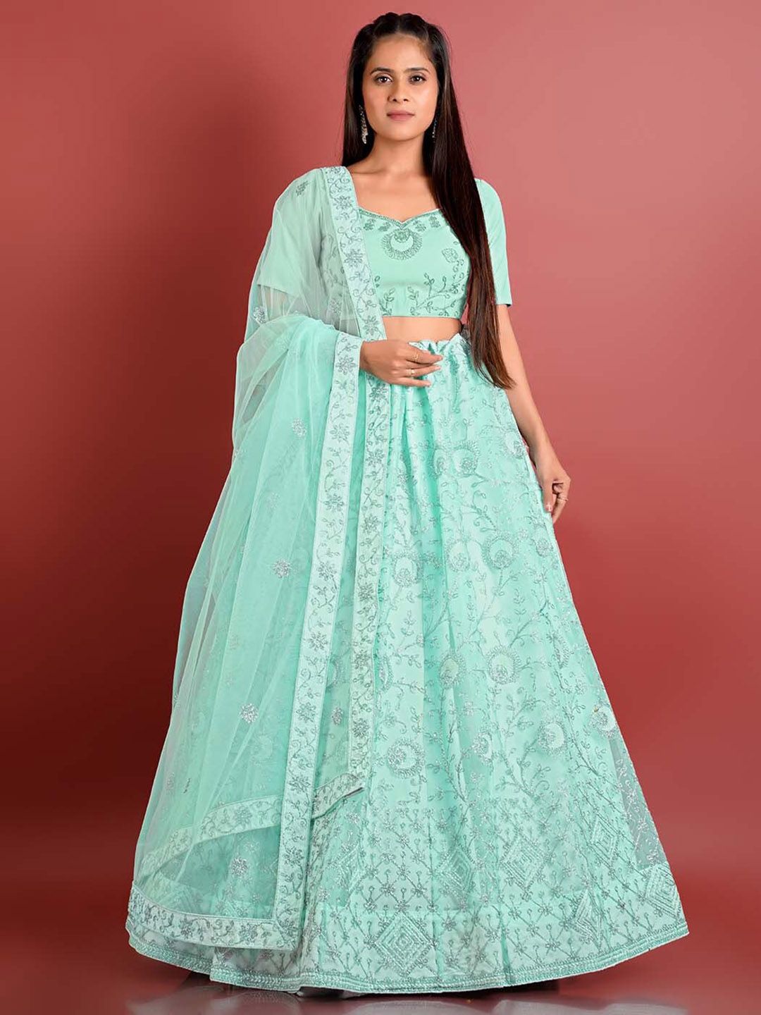 HALFSAREE STUDIO Sea Green & Embroidered Semi-Stitched Lehenga & Unstitched Blouse With Dupatta Price in India