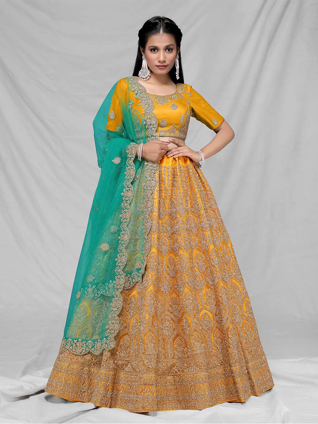 HALFSAREE STUDIO Yellow & Embroidered Semi-Stitched Lehenga & Unstitched Blouse With Dupatta Price in India