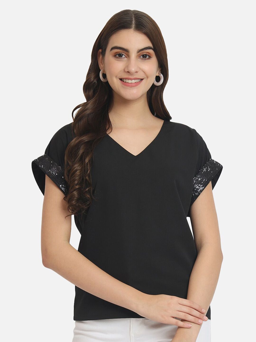 BAESD Black Embellished Roll-Up Sleeves Crepe Top