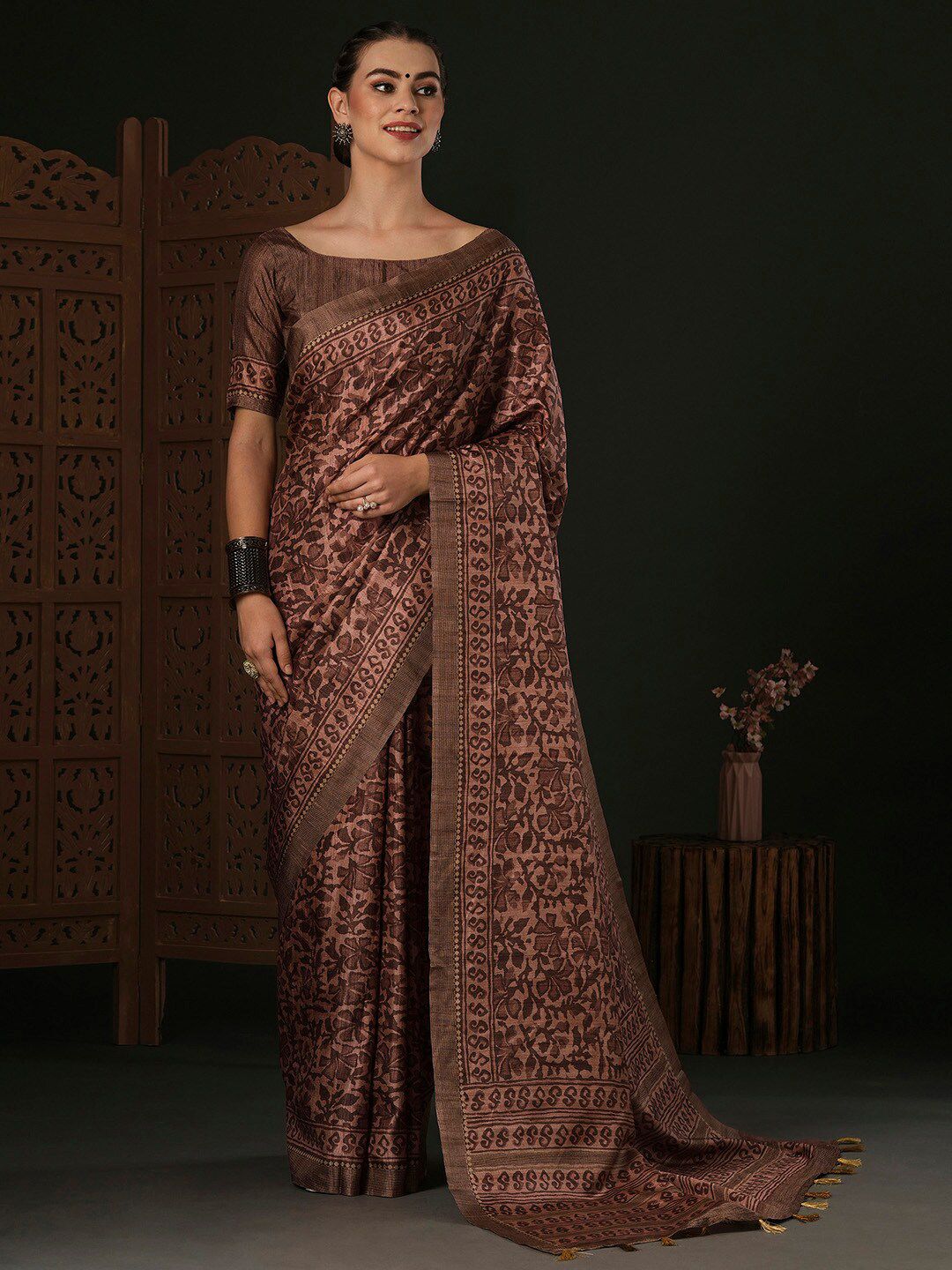 Anouk Brown Floral Silk Blend Designer Bagru Saree Price in India