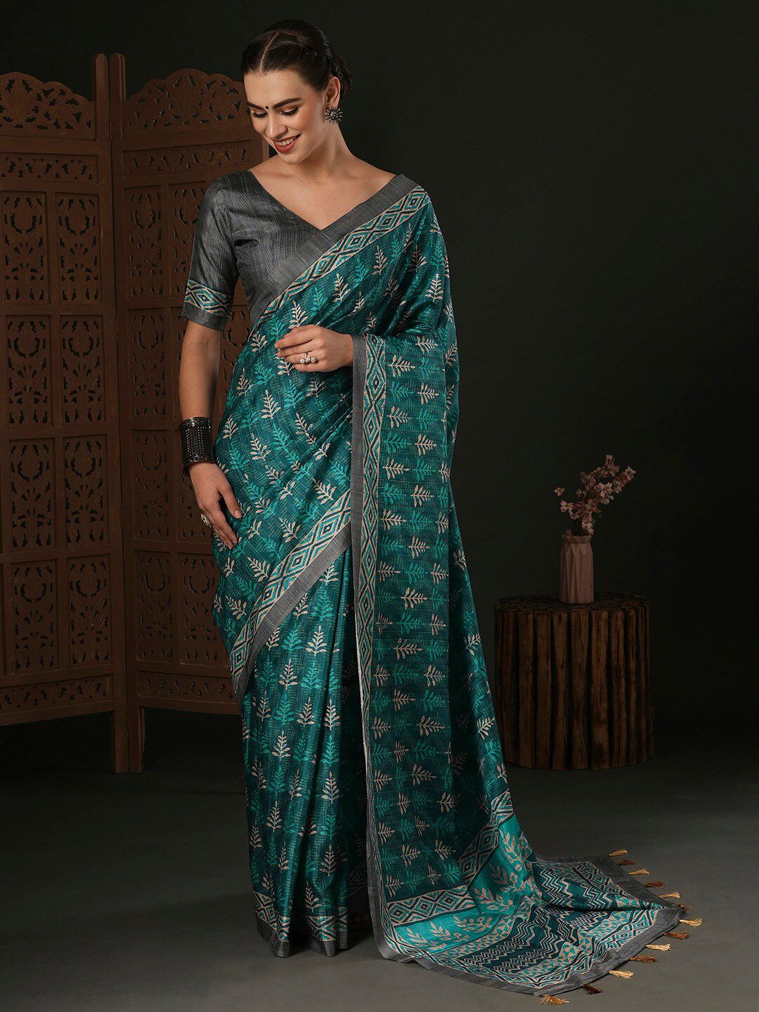 Anouk Blue & Grey Bagh Silk Blend Designer Bagru Saree Price in India