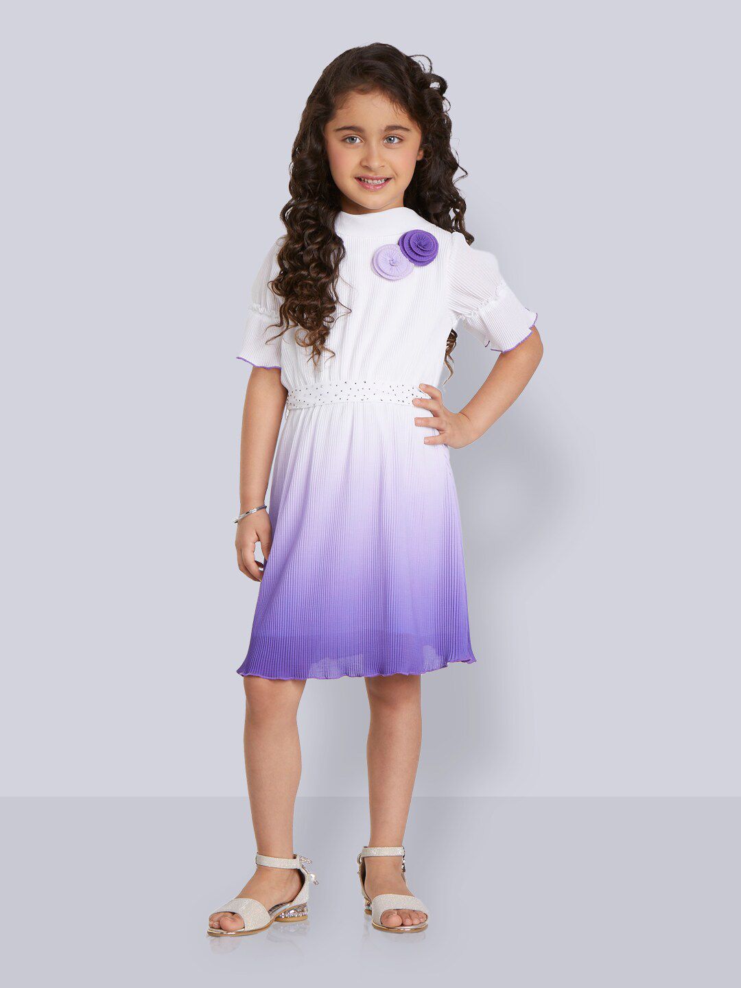 Peppermint Girls Striped Bell Sleeves Applique Pleated Fit & Flare Dress With Belt