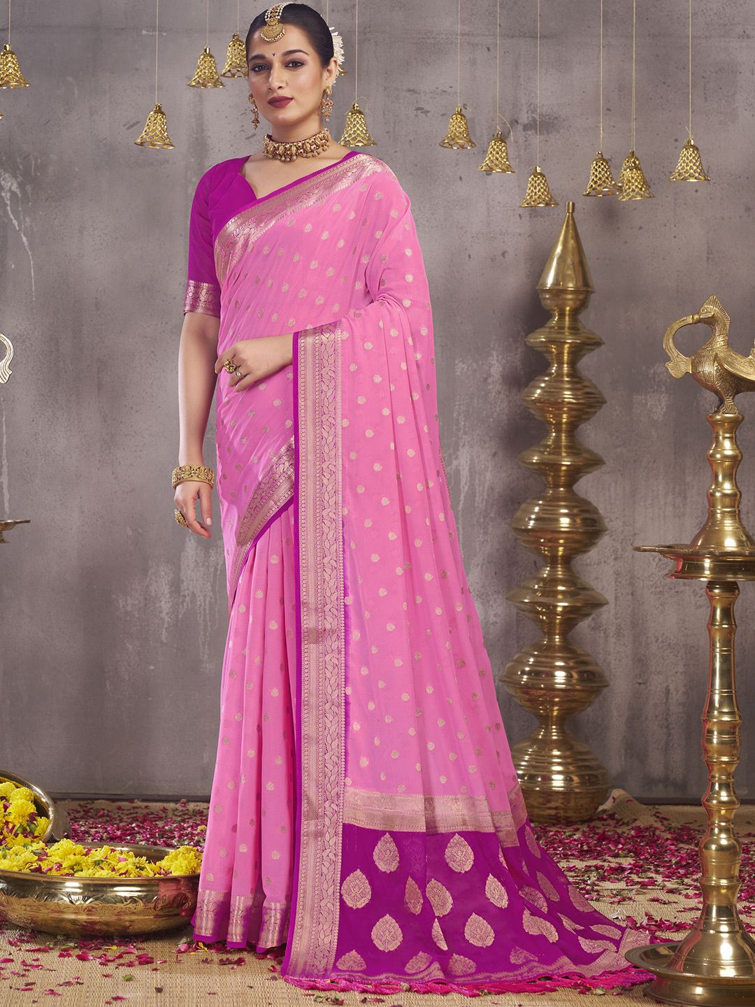 V3 FASHION STUDIO Pink Pure Georgette Banarasi Saree Price in India