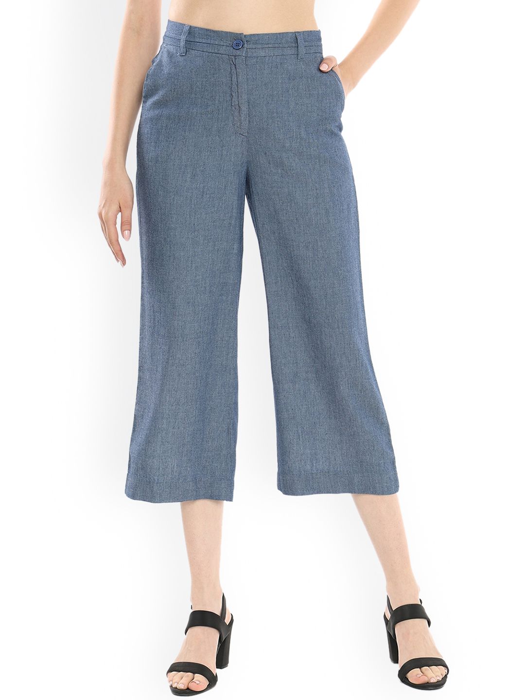 Gazillion Women Blue Tailored Straight Fit Chambray Trousers Price in India