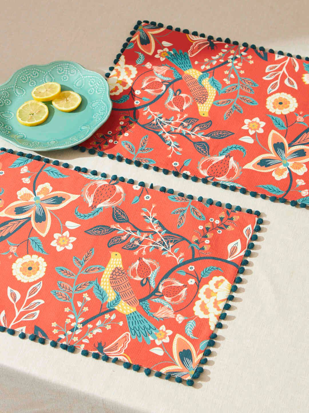 Chumbak Tree of Life Orange & Blue 2 Pieces Floral Printed Cotton Table Placemats