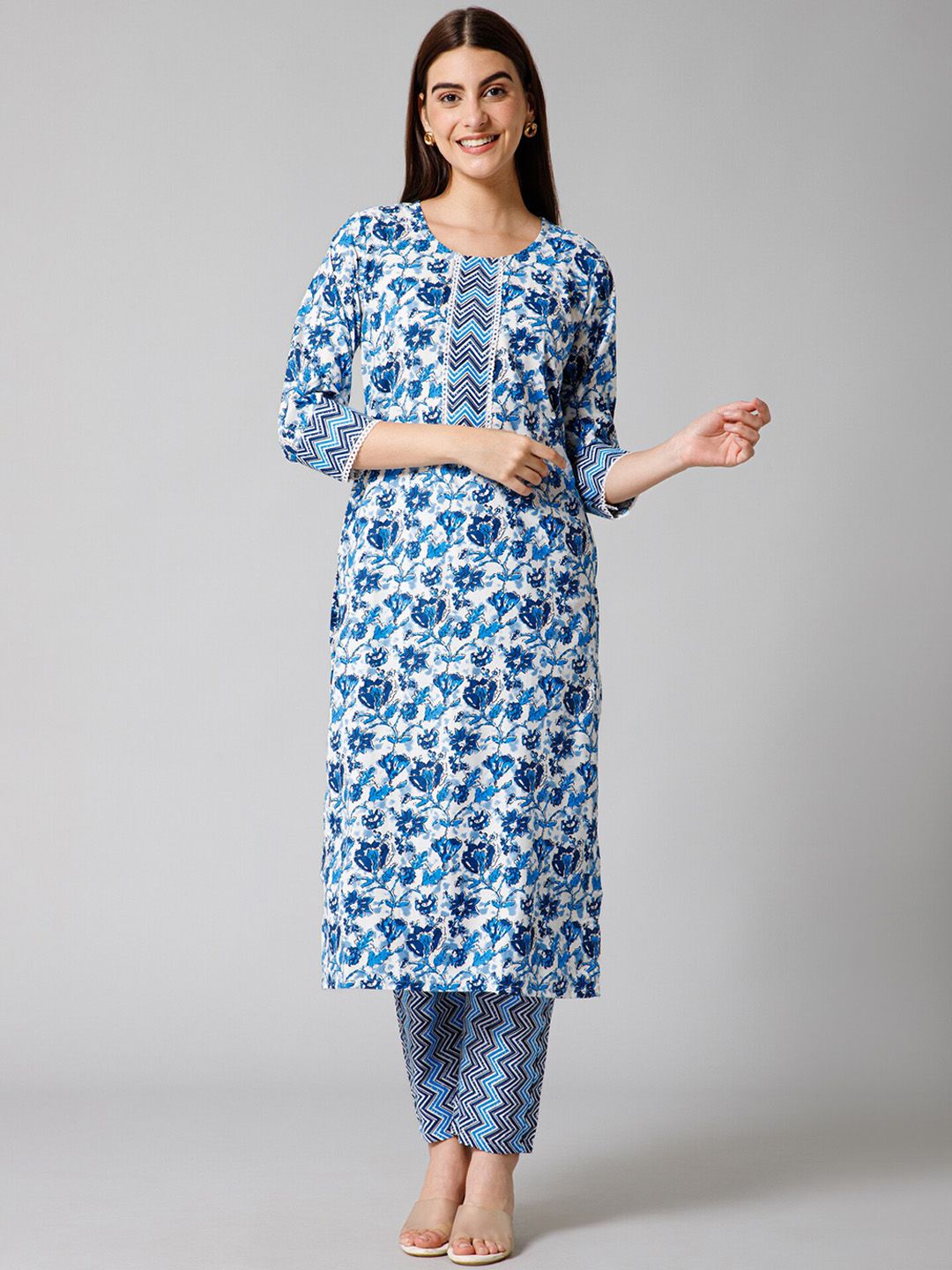 all about you Women Blue Floral Printed Regular Kurta with Trousers Price in India