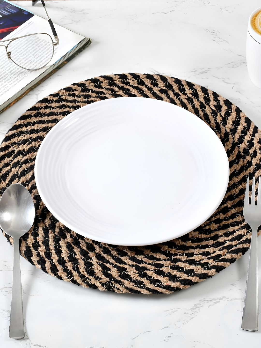 HOMADORN 6 Pieces Brown & Black Self Design Pure Cotton Round Table Placemats