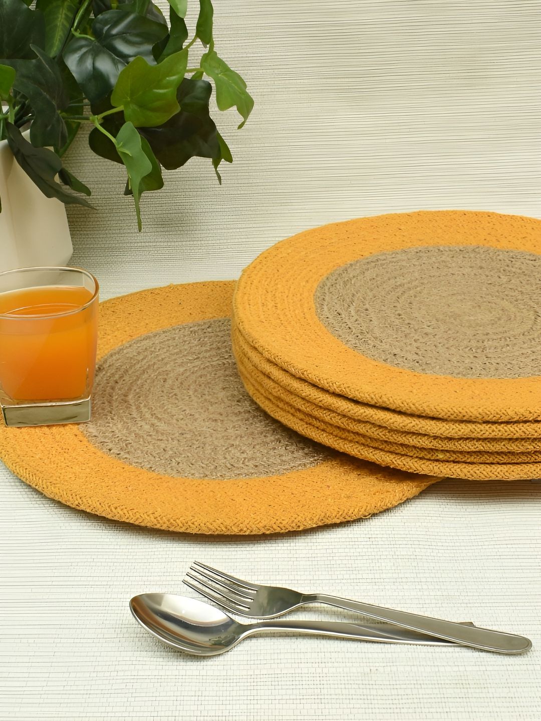 HOMADORN 6 Pieces  Brown & Yellow Self Design Pure Cotton Round Table Placemats